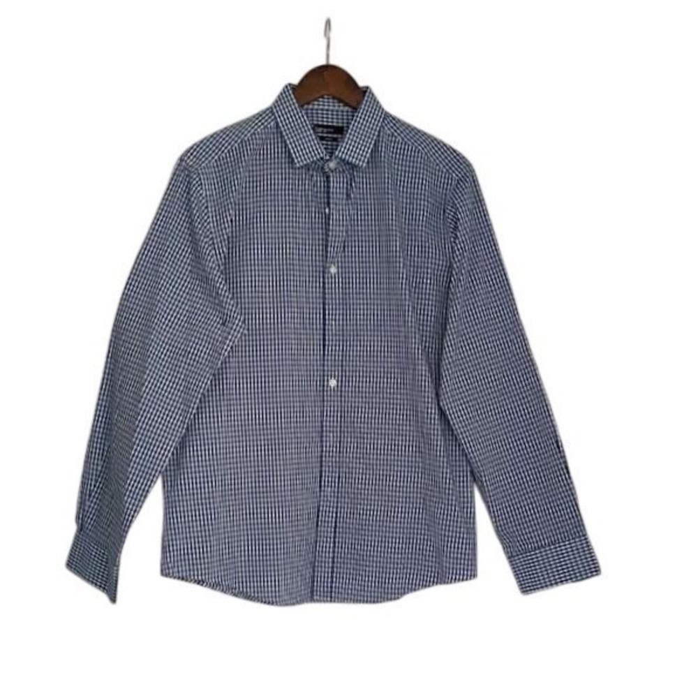 Bar III Slim Fit Gingham Stretch Dress Shirt Blue White Men's Size L